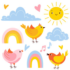 Cute set of birds, sun, clouds, hearts, rainbow illustrations. Childrens cute animals set. Childrens birthday cards, poster, invitations. Vector flat 