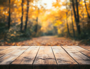 Rustic Wooden Tabletop Overlooking a Scenic Autumn Forest with Golden Leaves and Bokeh Light Effects Creates an Enchanting Fall-Themed Backdrop