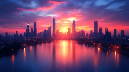 Fototapeta premium Vibrant sunset cityscape reflection, waterfront, dusk