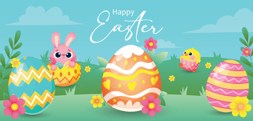 Fototapeta premium Happy Easter banner. Trendy Easter design with eggs, bunny in pastel colors. vector illustration modern minimal style. landscape poster, greeting card, header for website