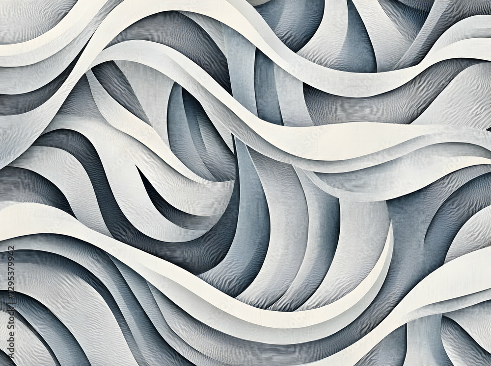 Poster serene abstract composition of wavy gradient lines in shades of gray and white, an exploration of fl