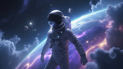 Fototapeta premium A mesmerizing visual representation Spaceman and planet, human in space, shimmering effects that give the impression of depth and dimensionality, created by generative ai
