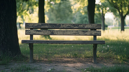 Serene Park Bench Scene, A Moment of Tranquility in Nature's Embrace, Inviting Reflection and Peace in a Sunlit Green Setting