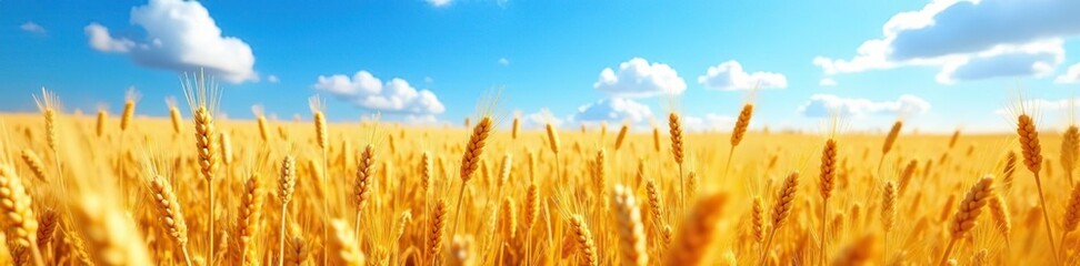 Fototapeta premium Golden wheat fields stretch towards a brilliant blue sky, bloom, wheat, agriculture