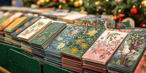 Naklejka premium Festive Christmas market selling handcrafted greeting cards.
