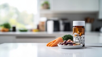 Obesity drug next to a healthy homemade meal in a modern kitchen. Featuring nutrition and health