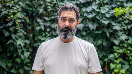 A middle-aged, light-skinned, bearded, dark-haired man looking at the camera with a sad expression in a wooded outdoor setting