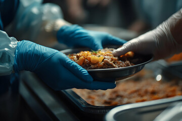 Serving Nourishment, A Close-Up on Hands Passing a Bowl of Nutritious Food, Symbolizing Care and Community Support During Challenging Times for Vulnerable People