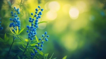 A macro shot of blue wattle (Acacia leprosa) in sharp focus, its tiny blue blooms glowing against a blurred green forest. 