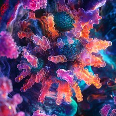 Fototapeta premium A cluster of Human metapneumovirus particles depicted in vibrant colors, floating in a cellular environment. picture