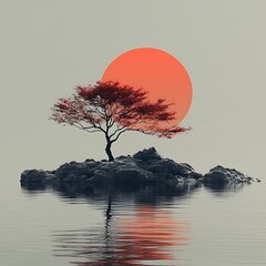 A solitary tree stands reflected in calm water with a red sun