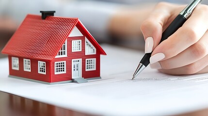 Woman signs document, model house, real estate agreement