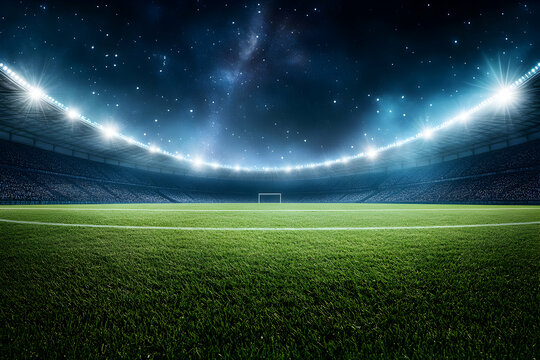 Spectacular Soccer Stadium at Night, A Vibrant Display of Lights, Green Turf, and Energetic Atmosphere Captivating a Thrilling Game Under a Starry Sky - Powered by Adobe