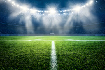 Obraz premium Spectacular view of a vibrant soccer stadium under bright lights, showcasing the lush green field and energetic atmosphere ready for an exciting match or event