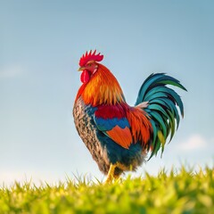 Fototapeta premium A colorful rooster stands proudly in a field of green grass under a bright sky Use this image for farm, animal, or nature themes.