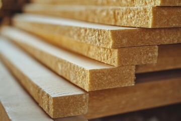 Close-up of stacked, light-brown wood panels. Ideal for construction, DIY, and home improvement projects.