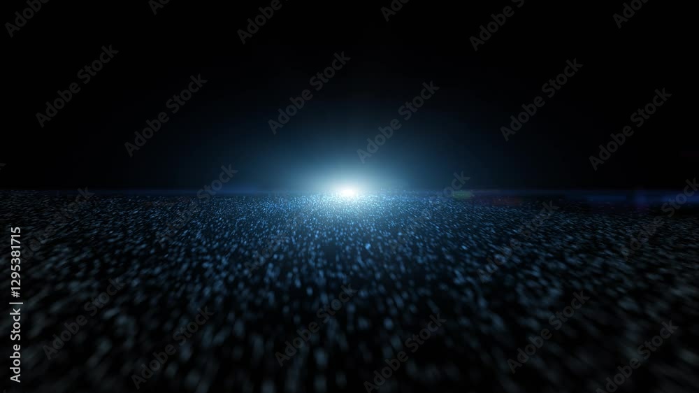 Poster 3d dots particles travel landscape with pulsing spot glowing light loop background.