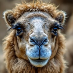 Fototapeta premium A captivating close-up portrait of a Bactrian camel shows its expressive eyes and soft fur Perfect for wildlife and animal photography projects.