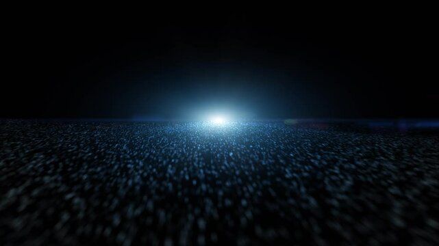 3d dots particles travel landscape with pulsing spot glowing light loop background.
