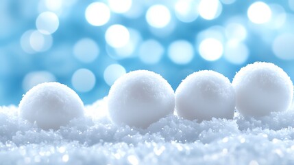 Snowy snowballs resting on snowy surface with a blue bokeh background