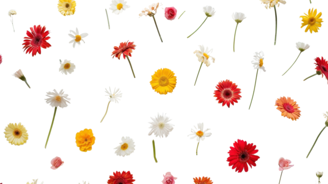 Colorful flowers falling on transparent background seamless loop animation