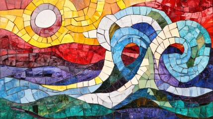 Obraz premium Vibrant mosaic depicts sun waves and landscape scene