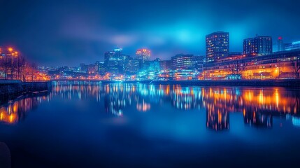 Fototapeta premium A glowing cityscape at night with reflections in a calm river, leaving room for text. picture