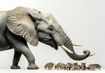 Fototapeta premium Symbolic Representation of Size and Power Dynamics, An Elephant Confronting a Multitude of Mice, Illustrating David versus Goliath Metaphor and Dominance