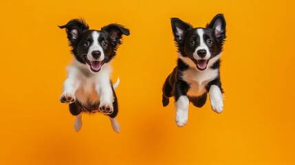 Obraz premium Energetic border collie and labrador retriever puppies leaping through air against neon yellow to orange gradient backdrop, synchronized jumping motion, expressive happy faces, flying fur effect,