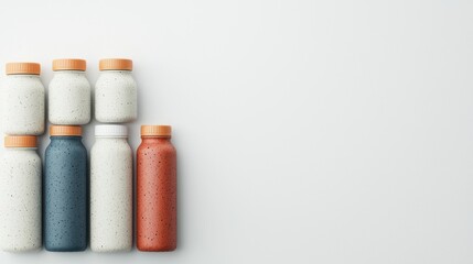 Refreshing bottles of natural drinks minimalist setting product photography bright environment top view aesthetic appeal
