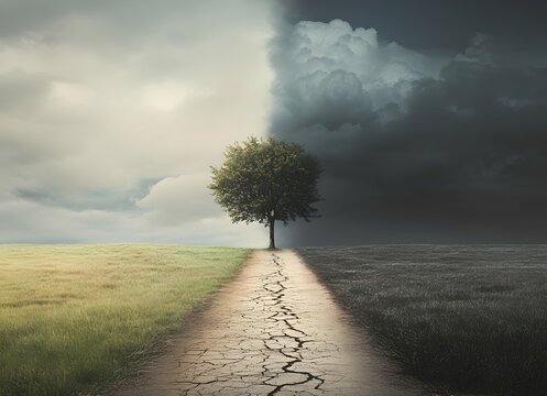 The duality of life, light and darkness, hope and despair concept featuring a solitary tree standing on a path separating contrasting landscapes offering a powerful visual metaphor