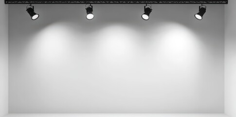 Professional photography studio setup with white cyc wall, overhead lighting, and soft shadows