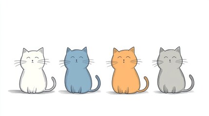 Obraz premium Collection of cute minimalist cartoon cats in different poses, flat 2d illustration style, soft color palette including gray tabby orange ginger blue-gray and siamese cats, simple linework design,