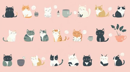 Fototapeta premium Kawaii style cat character illustrations arranged in grid layout, simple geometric shapes, hand-drawn aesthetic, minimal details with round soft features, pastel muted color scheme, comfortable