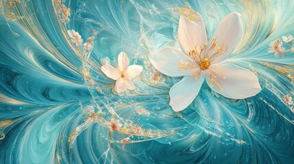 Elegant white flowers blossom against a swirling turquoise backdrop