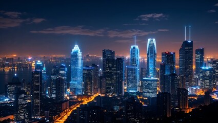 Fototapeta premium City night skyline aerial view with bright towers and urban lights