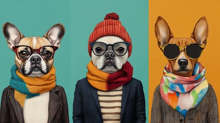 Fototapeta premium Playful set of anthropomorphic dog characters in trendy outfits, french bulldog wearing hipster beanie and striped sweater, golden retriever in classic tweed blazer and tortoise shell glasses,
