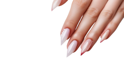 Woman hand showing long almond shaped acrylic nails with transparent background