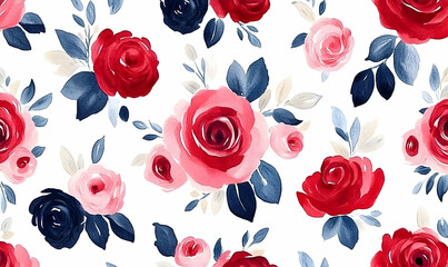 Naklejka premium Watercolor seamless pattern featuring red, pink, and navy roses with elegant foliage; perfect for fabric, paper, and digital design projects.