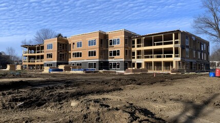 Apartment complex under construction featuring exposed wooden framing and windows