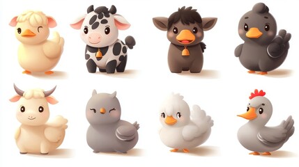 Obraz premium Adorable farm animal collection with expressive faces, chibi-style cow with spots and bell, gray fluffy goat, brown horse with mane, white chicken, gray duck, smooth vector art style, soft rounded