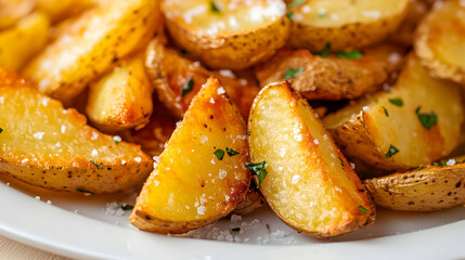 Delicious golden potato wedges seasoned with salt and herbs, served on a white plate