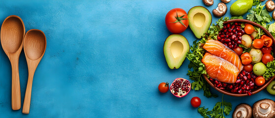 Vibrant and Healthy Food Composition Featuring Salmon, Avocado, and Fresh Vegetables on a Textured Blue Background for Wellness and Culinary Concepts