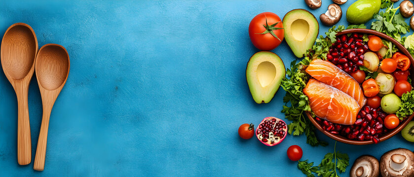 Vibrant and Healthy Food Composition Featuring Salmon, Avocado, and Fresh Vegetables on a Textured Blue Background for Wellness and Culinary Concepts