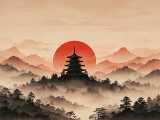 Old Print Art of a Japanese Pagoda