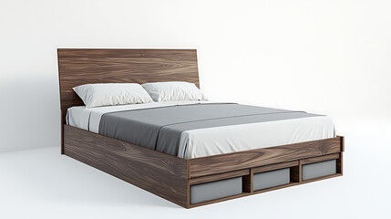 A wooden bed with a grey comforter and white pillows