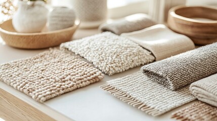 A flat lay of neutral-colored fabric swatches arranged aesthetically on a light table. picture