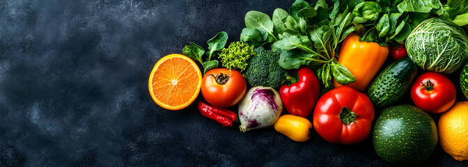 Vibrant assortment of fresh, organic fruits and vegetables displayed on a dark surface, showcasing healthy eating, dietary balance, and colorful nutrition