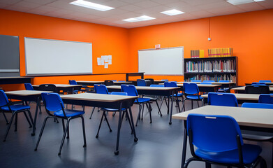 Vibrant Classroom Interior with Desks and Whiteboards, Creating a Welcoming and Functional Learning Space for Students, Promoting Education and Engagement