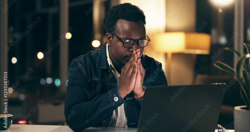 Poster deadline, laptop and night with business black man in office for problem solving or review. computer